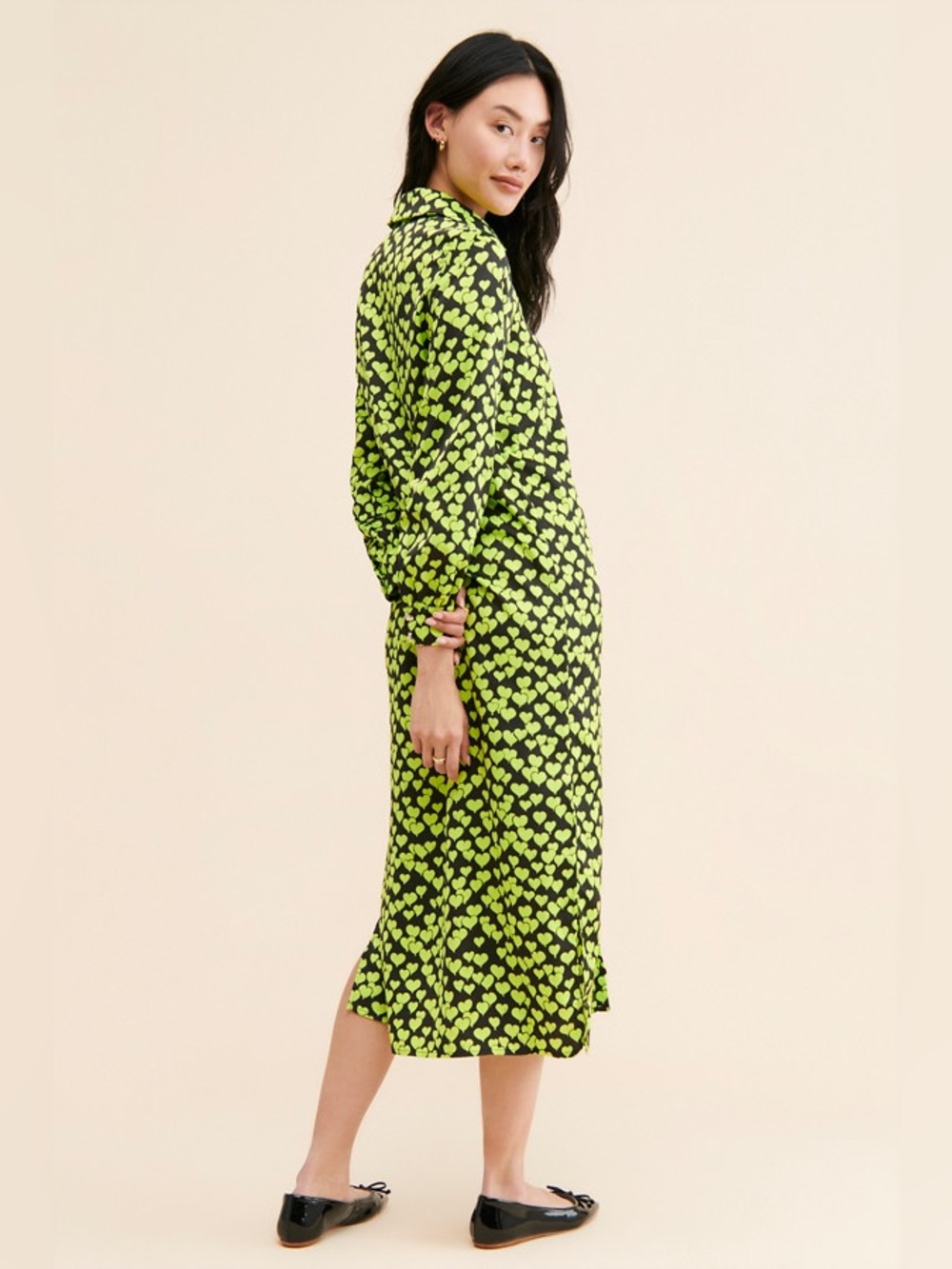 CRAS Lula Heart Print Button Front Shirt Dress in Green Sz Small Sz 4 EU34